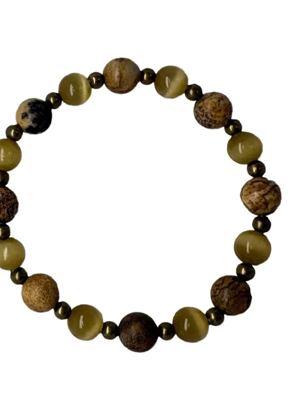 8mm Natural Yellow Cat's Eye Jasper Stretch Beaded Bracelet BronzeAlloy Talisman